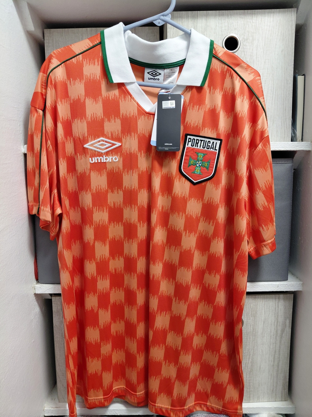 Umbro Portugal Orange Graphic Football Jersey with Green-Trim Collar